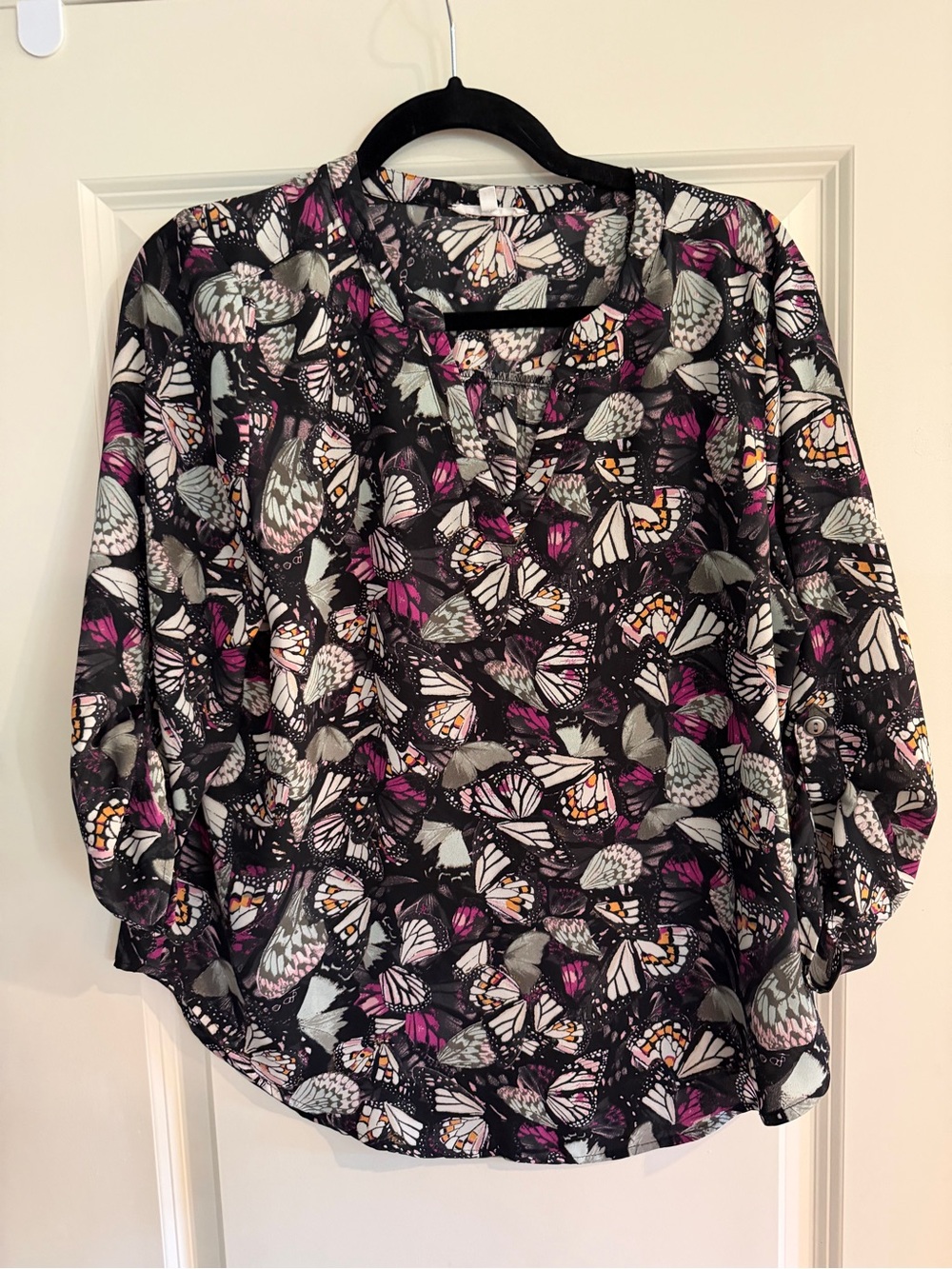 Maurices Black Butterfly-Print Blouse with Pink Accents - Picture 1 of 3